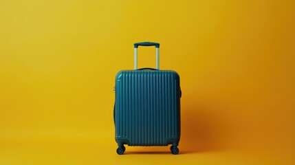 Blue suitcase against a yellow backdrop featuring space for text Ideal for travel and vacation themes