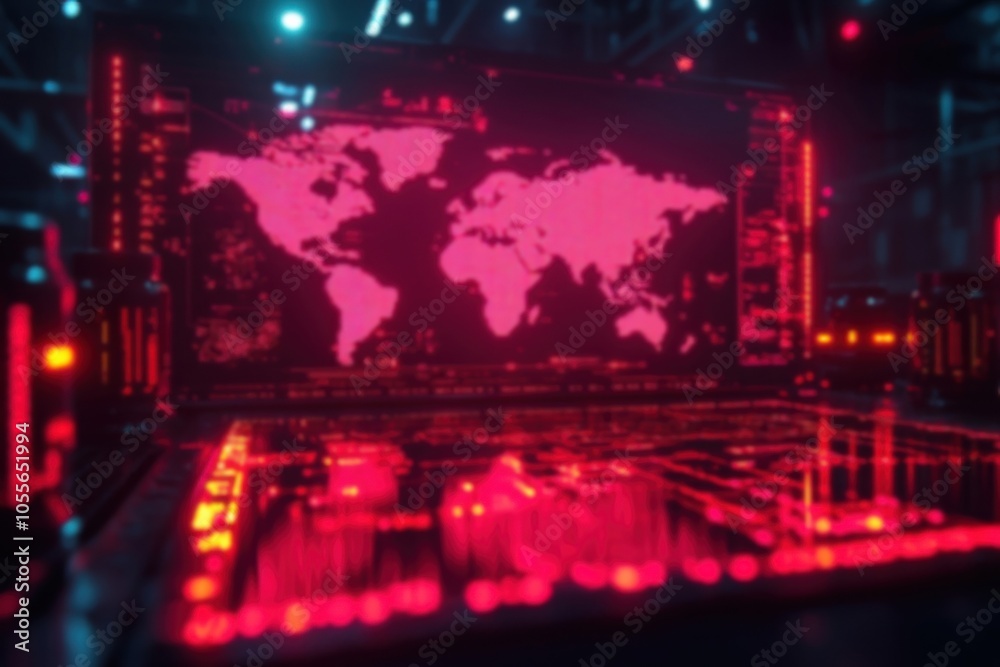 Poster futuristic digital world map on illuminated screen, showcasing data analytics and technological adva