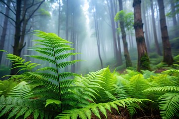 Misty forest scene with ferns and fern fronds in misty atmosphere, fern fronds, undergrowth, scenic views, nature, ferns