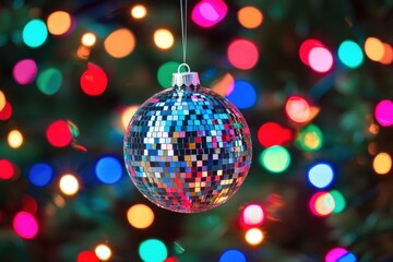 A stunning disco ball surrounded by vibrant, colorful bokeh lights, creating a festive and celebratory atmosphere perfect for holiday events.