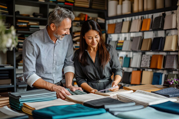 Two professionals selecting fabric samples in a design studio. Generative AI image
