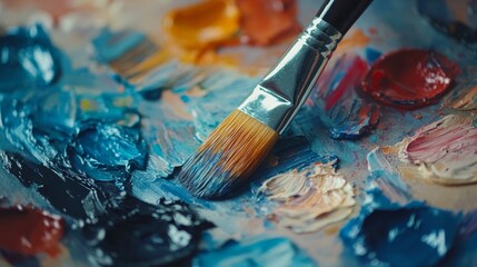 Obraz premium A close-up of a paintbrush mixing vibrant colors on a palette, showcasing artistic creativity.