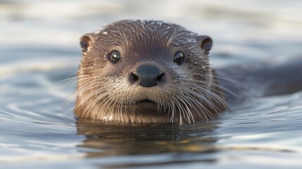 A close-up of an otter swimming in calm water, showcasing its playful expression and wet fur.
