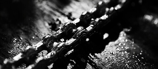 Monochrome Image Sharp Chain On Used Chainsaw Shallow Depth Of Field Space For Text