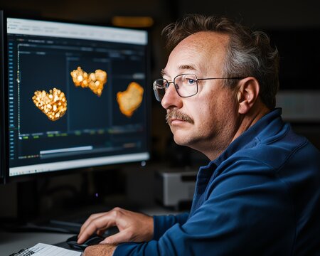 A focused man analyzing 3D graphics on a computer screen, showcasing detailed visualizations in a professional setting.