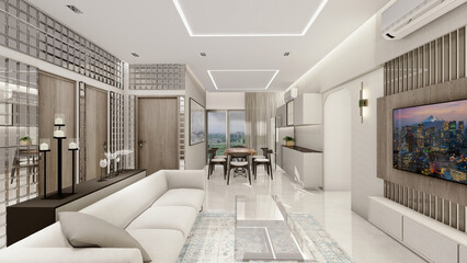 Interior design of a living room with false ceiling and lighting 3d rendering