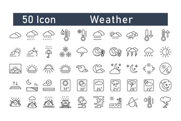 
50 linear weather icon packs. thin line vector low temperature, winter, weather news, no water, pressure, cloud icon, rain, fog, lightning etc. which is suitable for web, mobile and print application