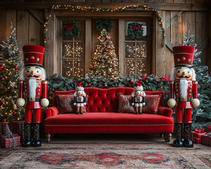 Christmas-themed backdrop with a large red velvet couch, three nutcracker statues, and Christmas trees with lights in the background