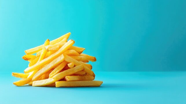 Stack of crispy French fries on a vibrant blue backdrop