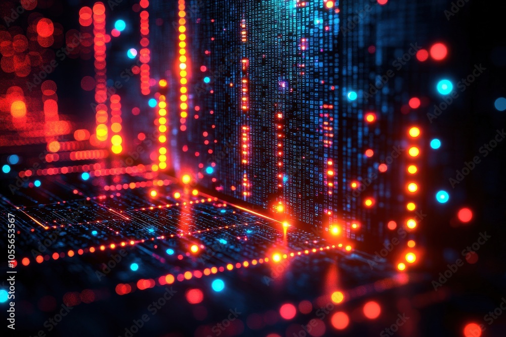Poster dynamic abstract background featuring vibrant colored lights and binary code, representing technolog