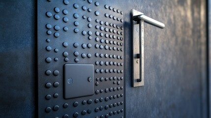 Signage with Braille text on a door, symbolizing support for visually impaired individuals with copy space for National Day messages.