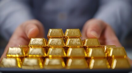 Shiny gold bars stacked neatly, representing wealth and luxury in a professional setting.