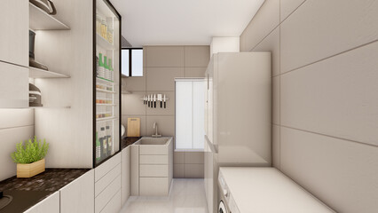 Interior design of small compact kitchen with false ceiling 3d visualization
