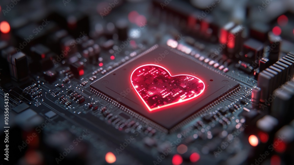 Poster computer featuring a heart shaped cpu chip set against a dark background with selective focus and am