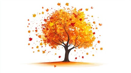 The vivid tree displays a breathtaking array of red, orange, and yellow leaves as they fall gracefully to the ground in a tranquil autumn setting