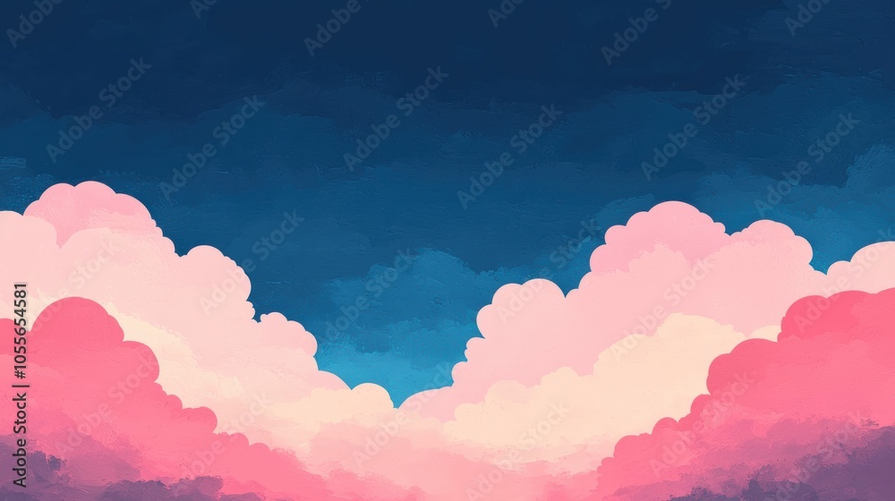 Wall mural A serene landscape featuring vibrant pink clouds against a deep blue sky, perfect for backgrounds and artistic projects.