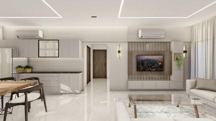 Interior design of a living room with false ceiling and lighting 3d rendering