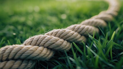 Fototapeta premium Close up of twisted rope resting on green grass highlighting texture and durability