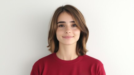 Fototapeta premium Smiling young woman in a red shirt against a neutral background, radiating positivity and confidence, perfect for lifestyle and portrait graphy.