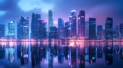 Fototapeta premium Stunning night skyline of a majestic city embracing modern architecture and urban beauty reflected in water