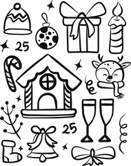 Christmas and New Year line set. Black linear holly, cupcake, cup, hat, santa and cookies gift, lollipop candle. Flat cartoon design. New year, christmas collection. Isolated illustration, Christmas s