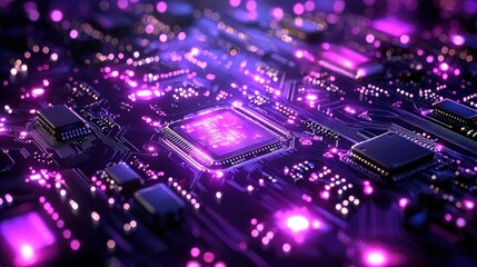 Fototapeta premium Close-up of a Circuit Board with a Glowing Central Processor