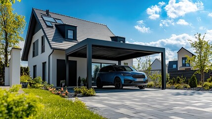 A modern blue electric SUV parked under a sleek carport next to a contemporary house on a sunny day