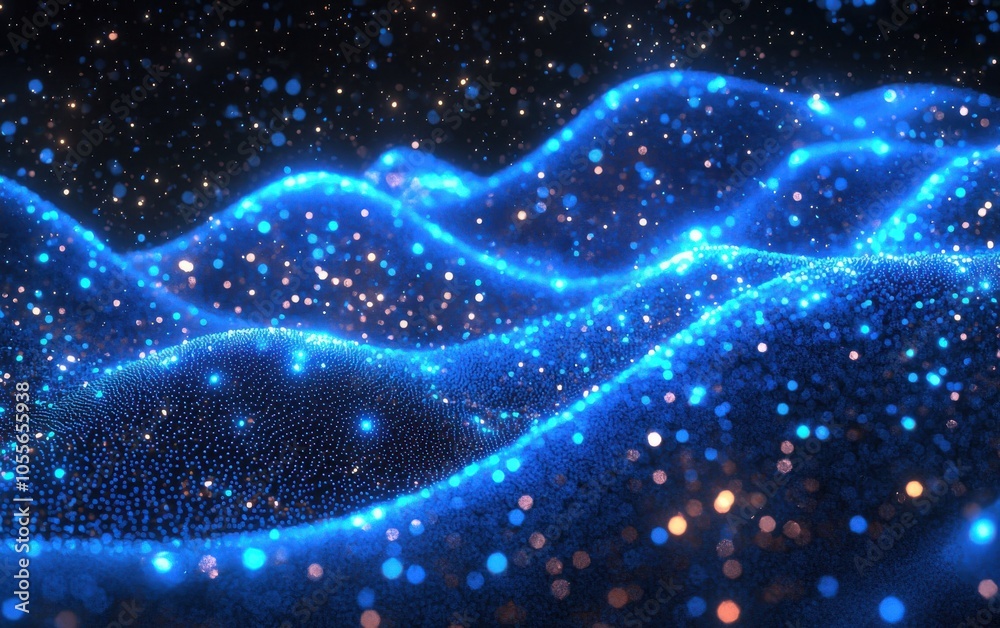 Poster abstract glowing blue waves with shimmering particles, creating a futuristic and vibrant digital lan
