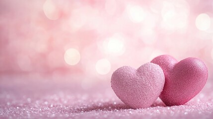 Obraz premium Valentine s Day banner featuring two pastel pink hearts on a soft pink backdrop with bokeh effects and space for text