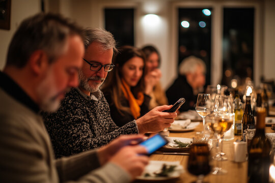An adult using a phone at a family gathering, ignoring the conversation around them.People are sitting at a table, looking at their phones