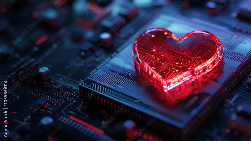 Poster computer featuring a heart shaped cpu chip set against a dark background with selective focus and am