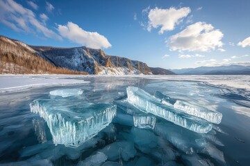 Stunning ice formations float on crystal-clear water, framed by majestic mountains and a vibrant sky, showcasing nature's breathtaking beauty.