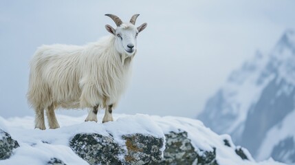 Fototapeta premium Close Up of a Goat on a Snowy Mountain Peak An Ultra High Definition Image Highlighting the Goat s Intricate Details Against the Pristine White Snow
