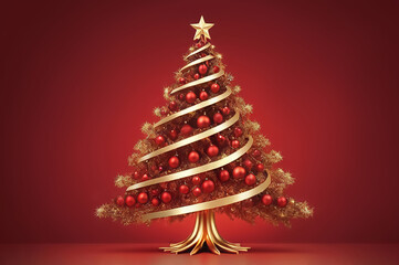 Elegant Golden Christmas Tree with Red Ornaments on Festive Red Background