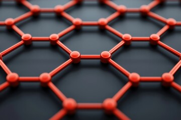 Close-up view of an intricate red hexagonal network structure, showcasing modern design elements and scientific themes in a vibrant, abstract style.