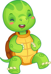 Cheerful cartoon turtle laughs with eyes closed, exuding joy and playfulness. Perfect for kids, toddlers, and preschoolers. Isolated on white, adds happiness to any design project