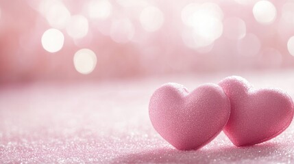 Fototapeta premium Valentine s Day banner featuring two pastel pink hearts on a soft pink backdrop with bokeh effects and space for text