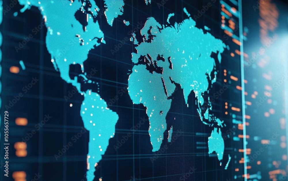 Poster high-tech digital world map with glowing cyan lines and data points, ideal for illustrating global c