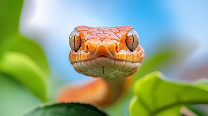 Obraz premium Red corn snake on branch, closeup snake