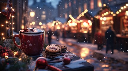 Festive scene featuring a warm beverage and cookies complemented by the twinkling lights of a holiday market AI generated design