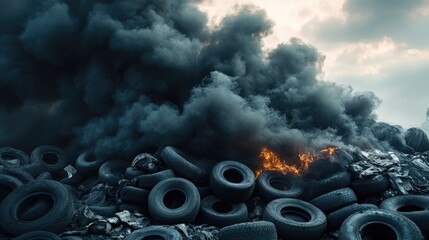 Burning pile of discarded tires generates black toxic smoke highlighting the issue of environmental pollution in landfills