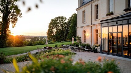 Capture the beauty of a classic French chateau in the countryside Use a Hasselblad camera with a 100mm lens and F 12 aperture setting to create a shallow depth of field and blur th
