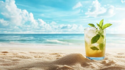 Realistic beach horizon photography featuring a mojito cocktail in the sand ideal for a sunny summer day with space for text