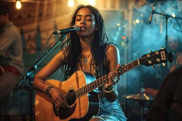 Obraz premium Woman Singing and Playing Acoustic Guitar on Stage. Generative AI