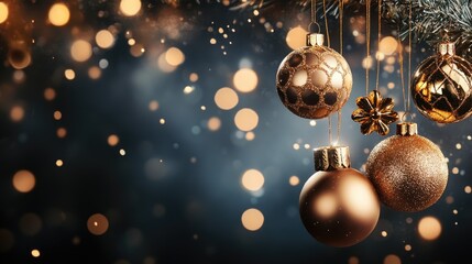 Festive New Year greeting card featuring elegant golden decorations against a dark backdrop