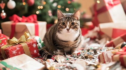 Holiday Havoc Injured Cat Surrounded by Broken Decorations and Disordered Presents