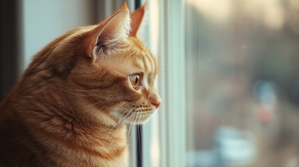 Lonely orange cat gazes out the window missing its owner who is away for work Pets and animals theme