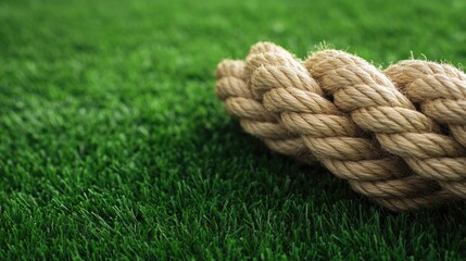 Fototapeta premium Close up of twisted rope resting on green grass highlighting texture and durability