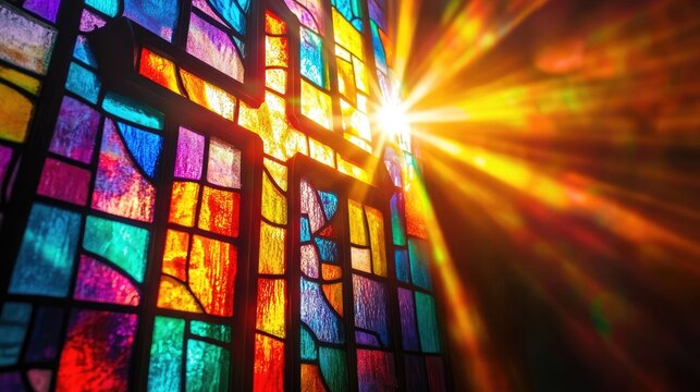 Stained glass window featuring a Christian cross representing religious faith and hope with colorful rays of sunlight illuminating the scene