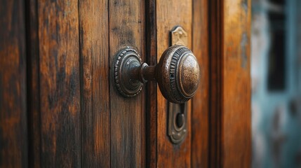 Obraz premium Antique wooden entrance door featuring an old door handle with selective focus